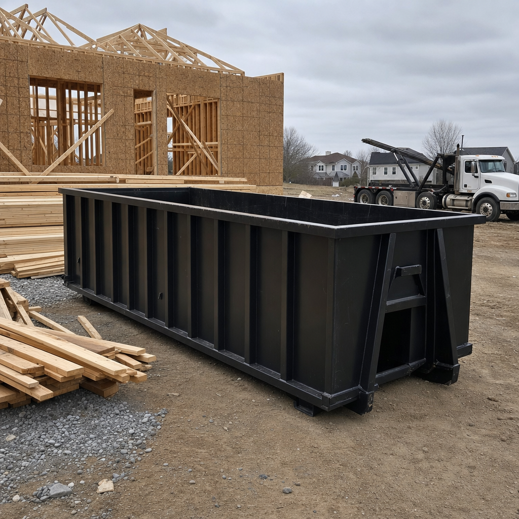 Matte-black 40-yard roll-off dumpster staged on a framed-out residential construction site in Skokie, framing lumber stacked nearby, hooklift delivery truck visible in the background under bright Colorado daylight
