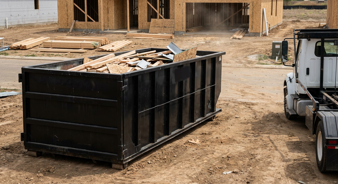 Matte-black 20-yard roll-off construction dumpster with heavy ribbed steel sidewalls and swing rear doors at a working jobsite in Skokie, sitting directly on compacted dirt with an unmarked white hauler partially visible at the far edge of the frame.