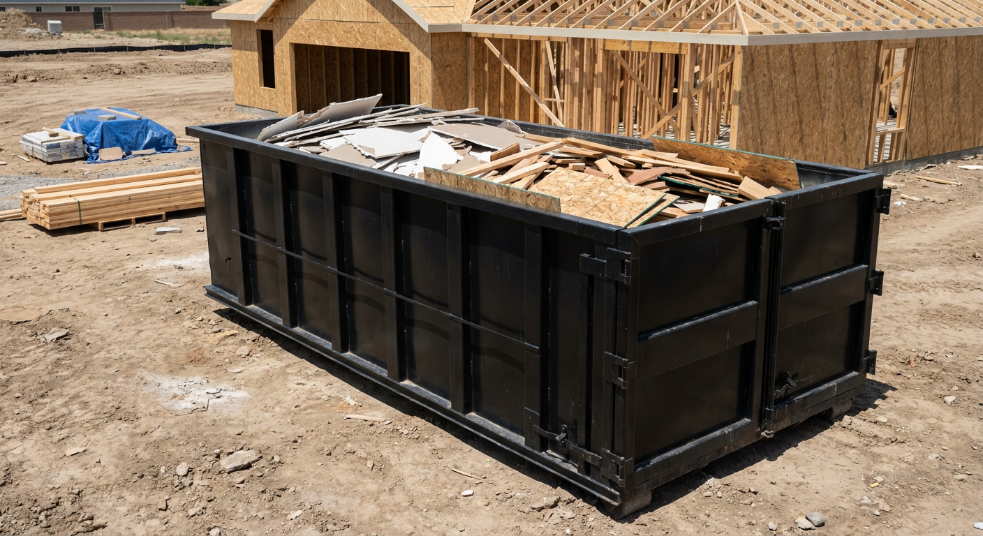 Matte-black 30-yard roll-off construction dumpster sitting directly on the compacted-dirt site of a framed single-family home build in Skokie, drywall and lumber scrap loaded inside.