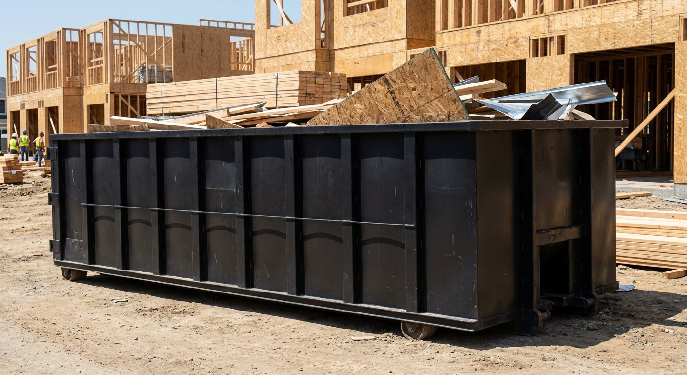 Matte-black 40-yard roll-off construction dumpster being lowered from a white-cab hooklift delivery truck onto the compacted-dirt jobsite at a commercial build site in Skokie