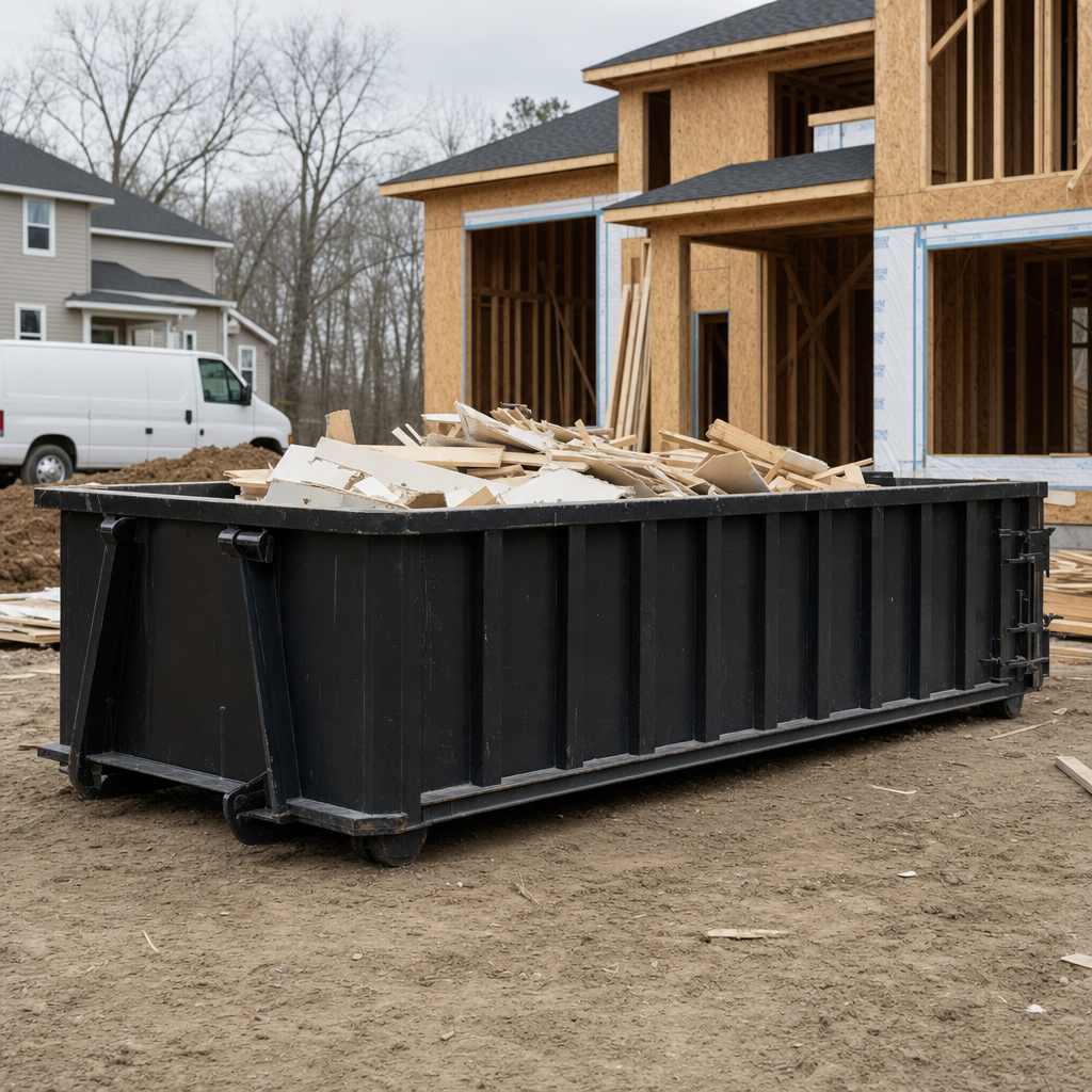 Worker in a yellow high-visibility vest tossing framing lumber and broken drywall into a matte-black 30-yard construction roll-off dumpster on an active build site in Skokie, bright daylight