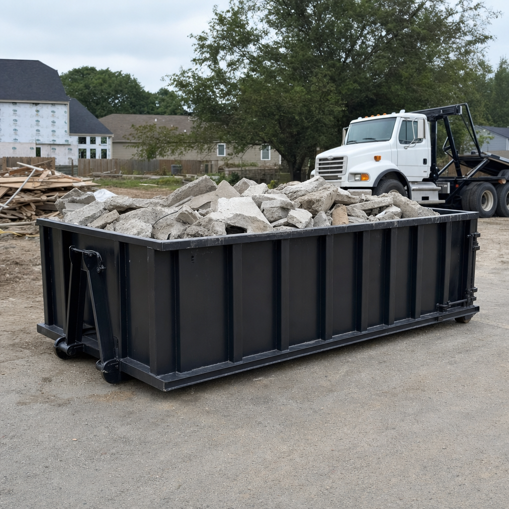 Low-profile matte-black lowboy roll-off dumpster loaded with broken concrete slab and rebar at a foundation tear-out in Skokie, skid steer parked beside it, sunny Colorado morning