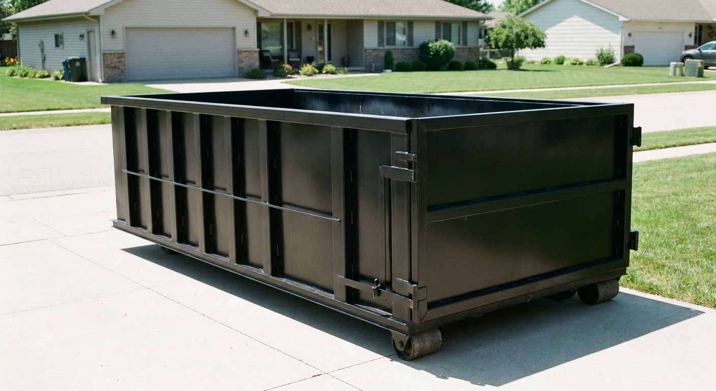 Matte-black 10-yard roll-off dumpster on a residential concrete driveway in Skokie, uniformly painted matte black across every panel and rail, ribbed steel sidewalls and rear swing door visible, mid-day daylight.