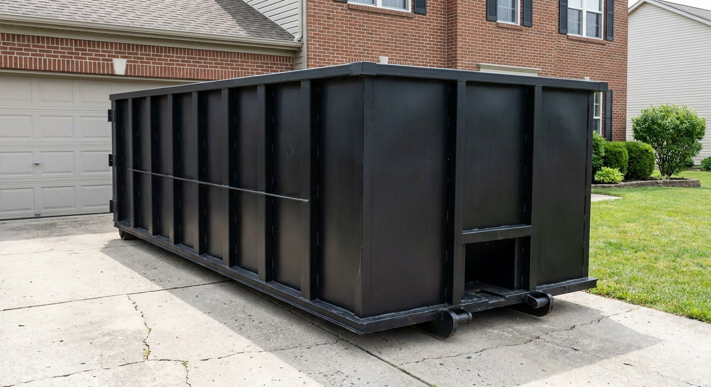 Matte-black 20-yard roll-off container on a Skokie residential concrete driveway with reinforced ribbed steel sidewalls and a hinged rear walk-in door, clean bright daylight.
