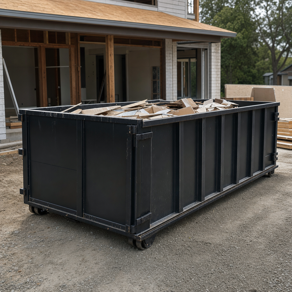 Large matte-black 30-yard construction roll-off dumpster at an active Skokie jobsite, steel-gray top rails and bottom rollers visible, loaded with construction debris.