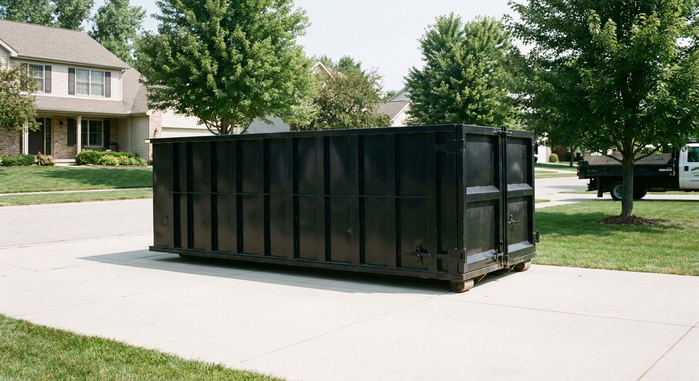 Matte-black 20-yard roll-off dumpster sitting level on a clean Skokie residential concrete driveway under bright daylight, demonstrating clean placement directly on the concrete.