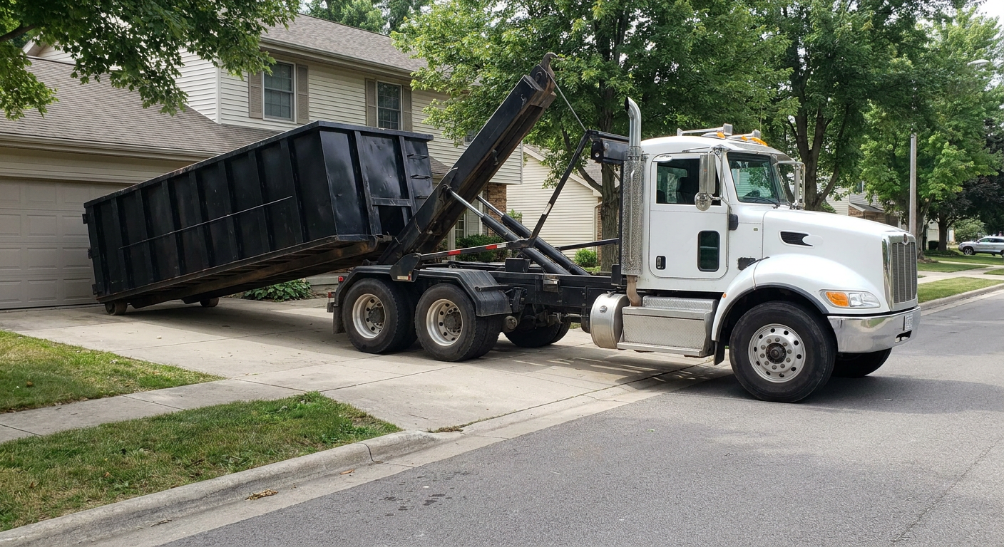 White-cab hooklift roll-off truck actively lowering a matte-black dumpster onto a Skokie residential concrete driveway, the dumpster's rear wheels touching the driveway as the hoist arm tilts the bed forward, mid-morning daylight.