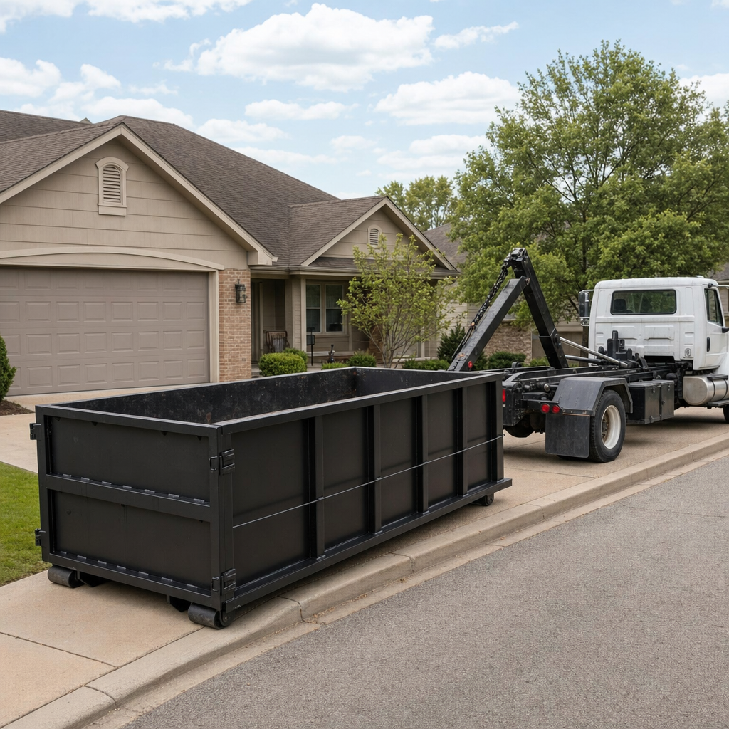 Wide documentary shot of a matte-black roll-off dumpster on a Skokie residential driveway in the foreground and a contractor jobsite container in the soft-focus background, bright daylight, calm and orderly composition.
