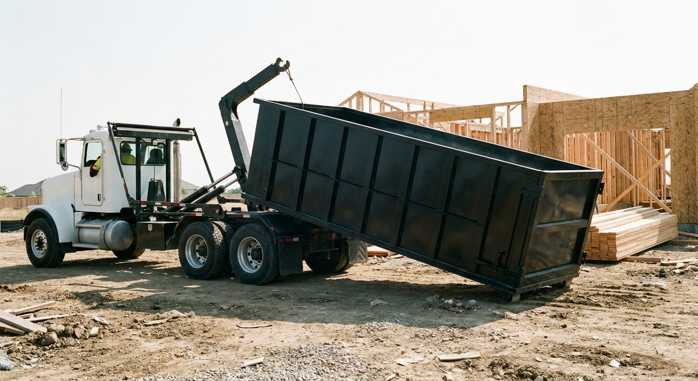 Matte-black roll-off dumpster being delivered onto a clean residential concrete driveway in Skokie by an unmarked white hooklift hauler truck, bright morning daylight, documentary 35mm perspective.