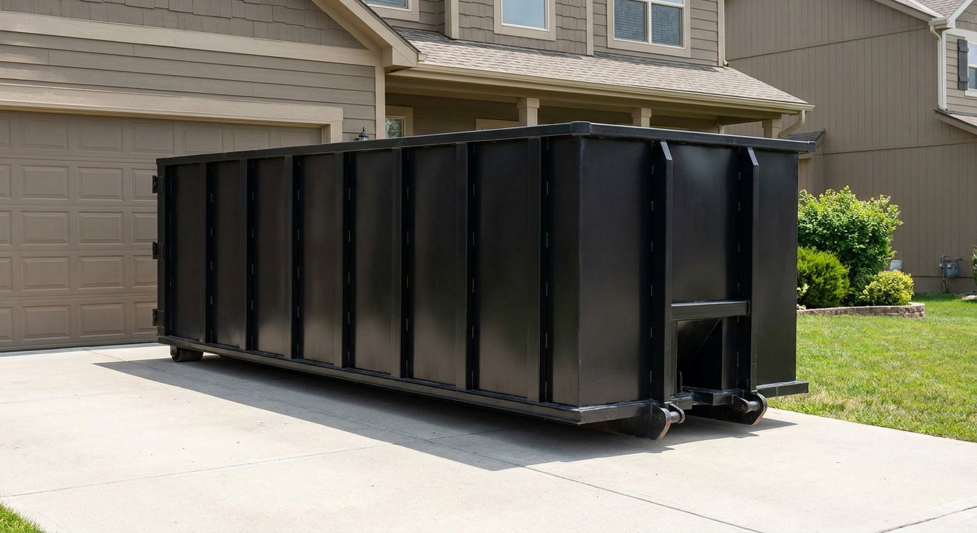 Matte-black residential roll-off dumpster sitting directly on a suburban Skokie concrete driveway, garage door closed, single-family home in background, bright morning daylight.
