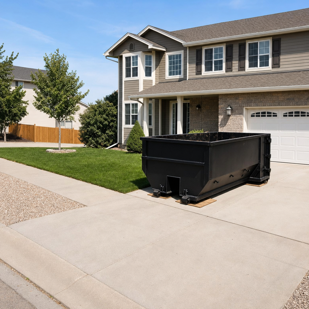 10-yard matte-black residential dumpster placed directly on a narrow Skokie concrete driveway, room remains for a parked sedan beside it, mid-morning natural light