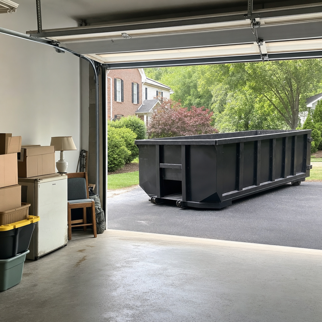 Open garage interior in a Skokie home mid-cleanout — boxed items, an old appliance, and stacked yard tools queued near the driveway for a matte-black roll-off dumpster, organized and calm