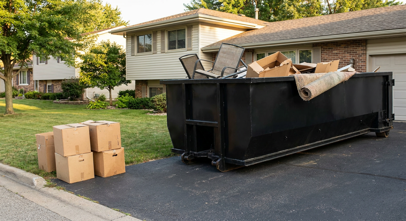 Front-yard view of a Skokie split-level home with a 20-yard matte-black roll-off dumpster sitting directly on the asphalt driveway, a few clearly labeled donation boxes staged at the curb, calm sunny afternoon.