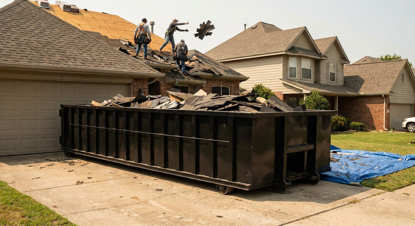 Matte-black roofing roll-off dumpster placed directly on a Skokie residential concrete driveway, a tear-off crew on a two-story asphalt-shingle roof tossing shingle bundles into the low-walled container, bright daylight, documentary 35mm perspective.