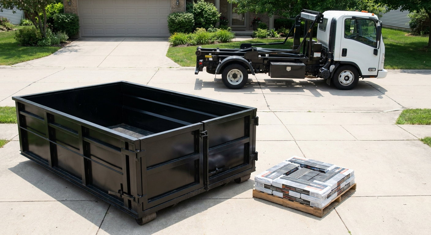 Matte-black 15-yard roofing roll-off dumpster with reinforced low side walls sitting directly on a Skokie residential concrete driveway, three-tab asphalt shingle bundles stacked nearby, an unmarked white hauler truck partially visible at the edge of the frame.
