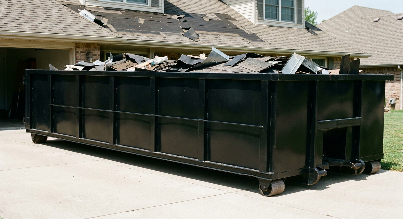 Matte-black 20-yard roofing roll-off dumpster with steel ribbed sides and swinging rear door, sitting directly on the concrete driveway of a two-story Skokie home, asphalt shingle debris being loaded over the low wall, clean documentary lighting.