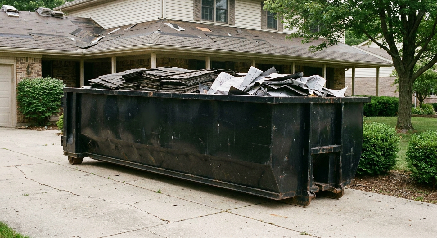 Matte-black 30-yard roofing roll-off dumpster sitting directly on a Skokie concrete driveway, taller ribbed steel side panels, mixed tear-off debris of asphalt shingles and underlayment inside, professional documentary daylight.
