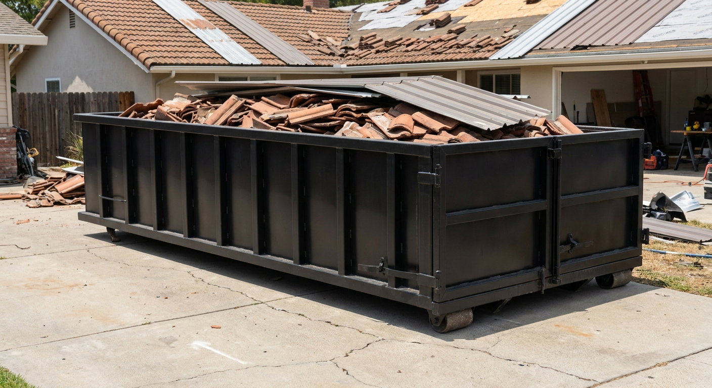 Matte-black low-wall heavy-debris roofing roll-off dumpster sitting directly on a Skokie concrete driveway, broken concrete clay roof tiles and metal panel sections loaded inside, reinforced ribbed steel side walls visible, bright outdoor daylight.