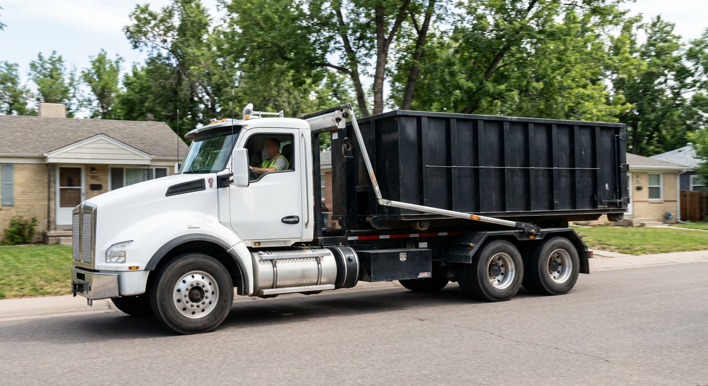 A wide documentary shot of a matte-black roll-off delivery truck pulling onto a quiet Skokie residential street at mid-morning, with neighborhood rooftops and tree-lined blocks visible behind, showing the metro coverage footprint.