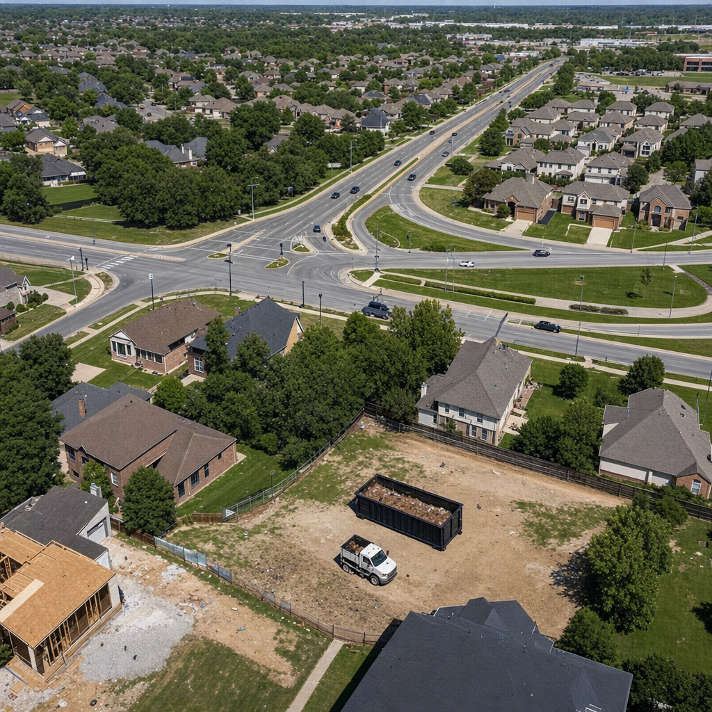 An overhead documentary view of the Skokie metro area at midday, showing the spread of neighborhoods, arterial roads, and the dispatch radius from a central yard — clean daylight, organized geographic layout.