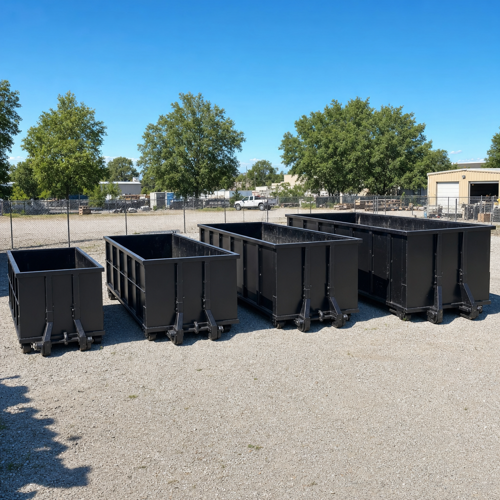 A clean lineup of matte-black roll-off dumpsters in 10, 20, 30, and 40-yard sizes staged on a sunlit gravel yard in Skokie, showing the size progression from compact to commercial-scale containers.