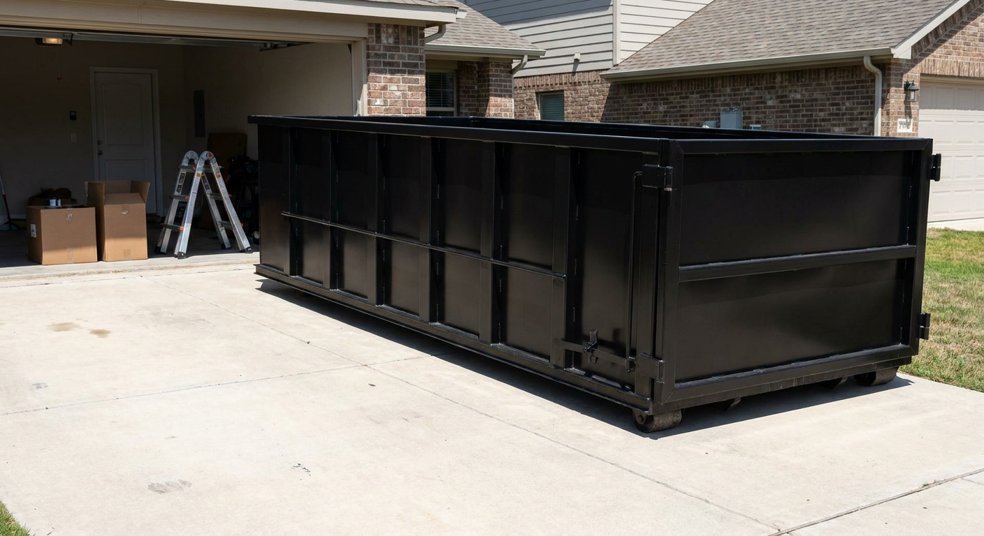 A matte-black 10-yard roll-off dumpster sitting directly on a residential Skokie concrete driveway, mid-day sunlight, clean and ready for a garage cleanout.