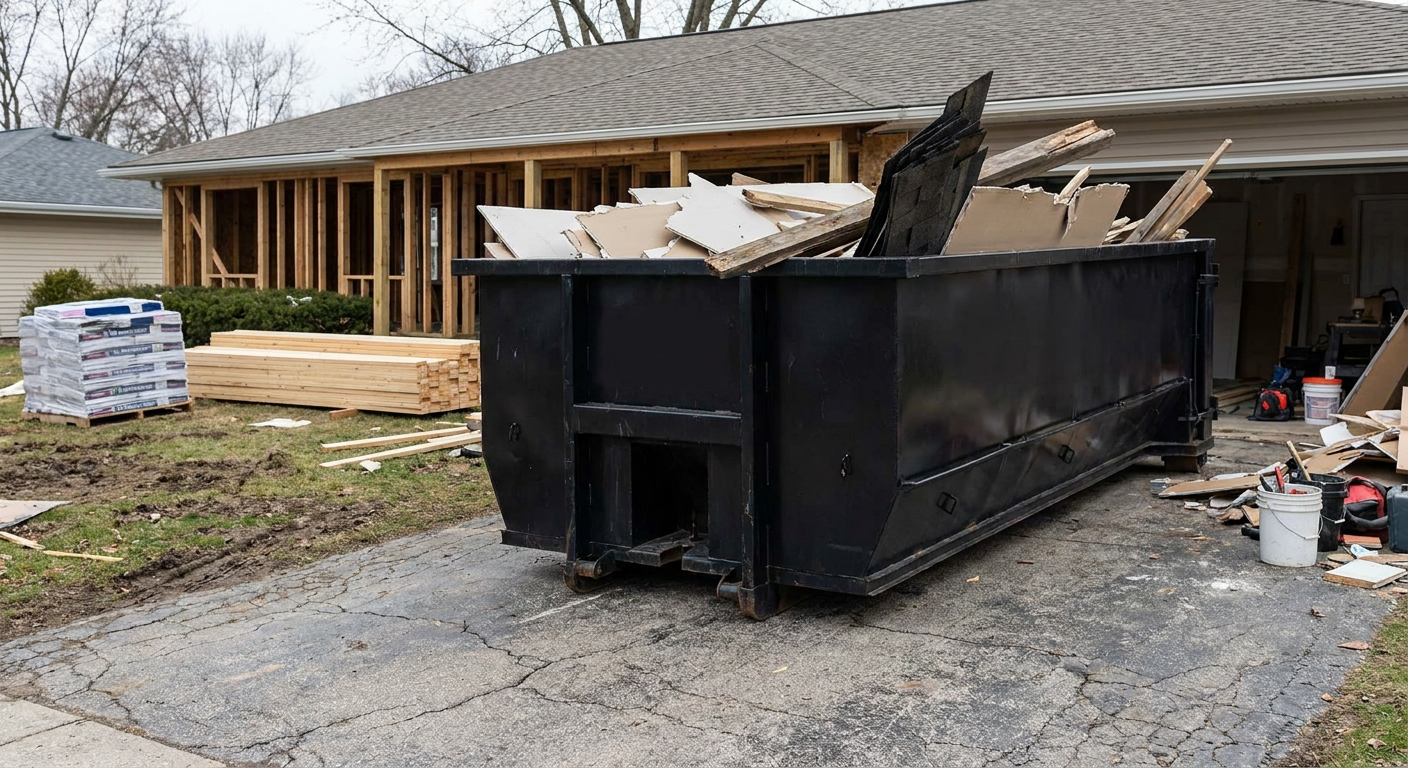 A matte-black 20-yard roll-off dumpster placed alongside a mid-renovation Skokie home directly on the asphalt driveway, with framing materials and torn-off shingles staged neatly nearby.