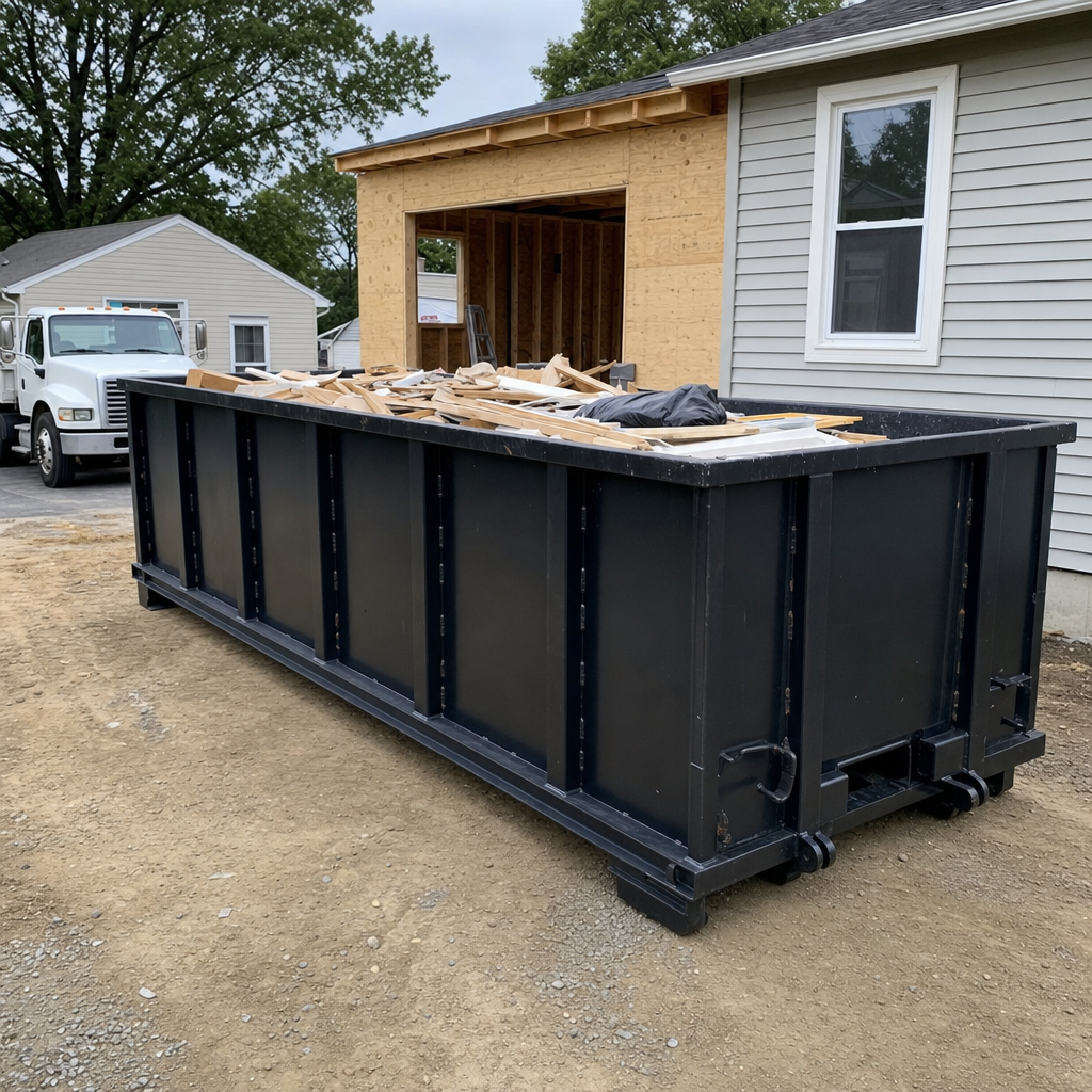 A matte-black 30-yard roll-off dumpster positioned at a Skokie residential addition jobsite, with framing lumber and drywall scraps loaded through the open swinging rear doors.