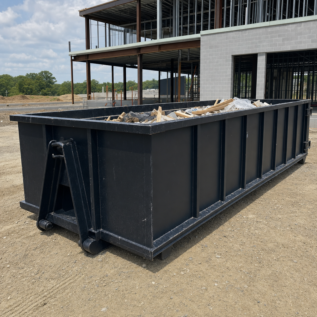 A matte-black 40-yard roll-off dumpster staged on a large Skokie commercial construction lot, with a hooklift delivery truck parked alongside under bright midday sky.