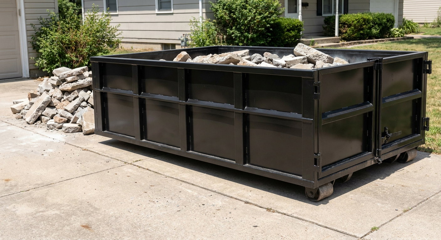 A matte-black low-side heavy-debris roll-off dumpster placed directly on a Skokie concrete driveway, with broken concrete chunks neatly stacked beside it under clean daylight.